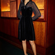 Yumi Black Velvet Pussy Bow Sheer Sleeves Skater Dress