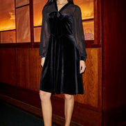 Yumi Black Velvet Pussy Bow Sheer Sleeves Skater Dress