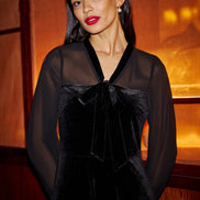 Yumi Black Velvet Pussy Bow Sheer Sleeves Skater Dress