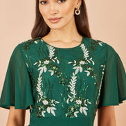 Yumi Green Sequin Embroidered Pleated Midi Dress