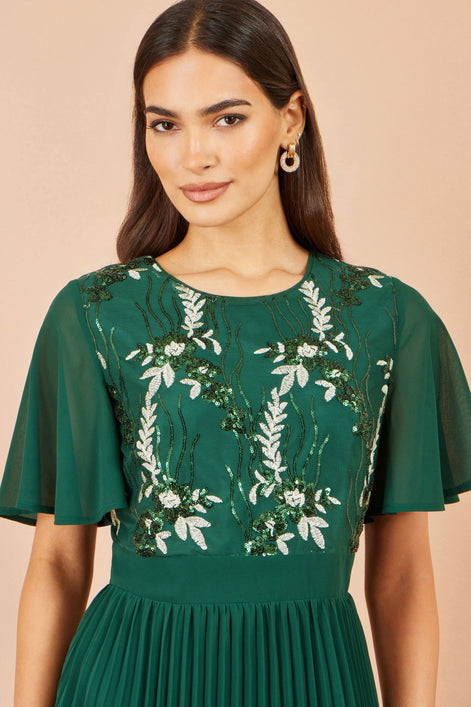 Yumi Green Sequin Embroidered Pleated Midi Dress