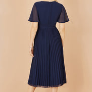 Yumi Navy Sequin Embellished Panel Pleated Midi Dress