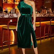 Yumi Green Velvet Frill One Shoulder Midi Dress with Split Hem