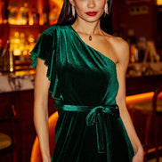 Yumi Green Velvet Frill One Shoulder Midi Dress with Split Hem