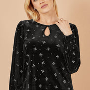 Yumi Black Sparkle Bow Print Velvet Top