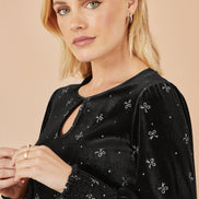 Yumi Black Sparkle Bow Print Velvet Top
