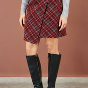Yumi Burgundy Check Wrap Mini Skirt