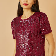 Yumi Burgundy Sequin Stretch Tunic Dress