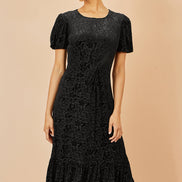 Yumi Black Floral Velour Velvet Twist Waist Midi Dress