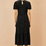 Yumi Black Floral Velour Velvet Twist Waist Midi Dress