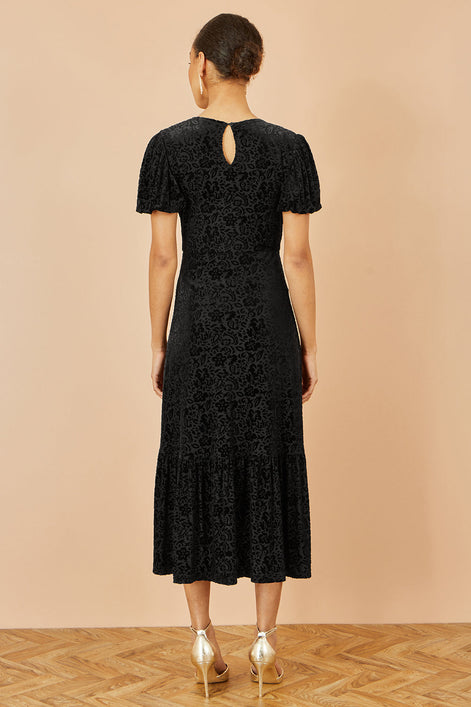Yumi Black Floral Velour Velvet Twist Waist Midi Dress
