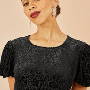 Yumi Black Floral Velour Velvet Twist Waist Midi Dress