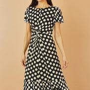 Yumi Black Velvet Spot Print Twist Knot Waist Midi Dress