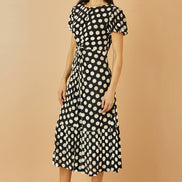 Yumi Black Velvet Spot Print Twist Knot Waist Midi Dress