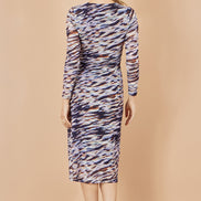 Yumi Multicolour Abstract Stripe Ruched Bodycon Midi Dress