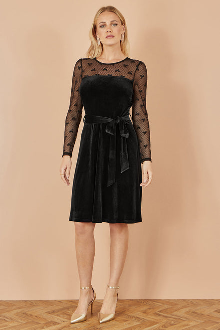 Yumi Black Velvet Skater Dress with Mesh Bow Sleeves