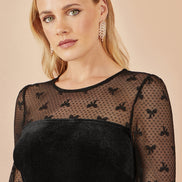 Yumi Black Velvet Skater Dress with Mesh Bow Sleeves