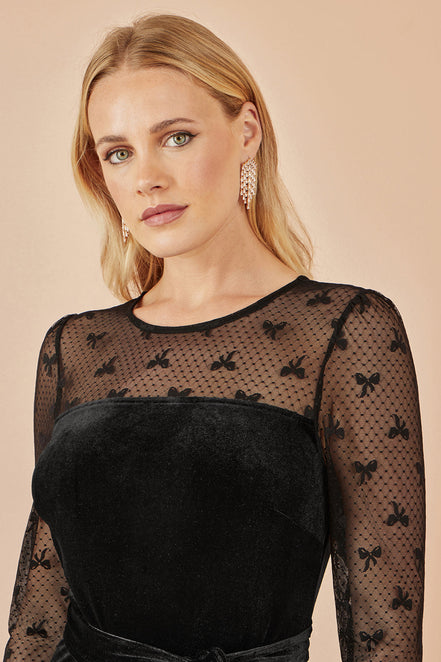 Yumi Black Velvet Skater Dress with Mesh Bow Sleeves