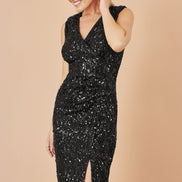 Yumi Black Sequin Fitted Wrap Dress with Split Hem