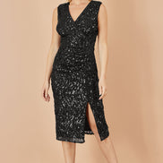 Yumi Black Sequin Fitted Wrap Dress with Split Hem
