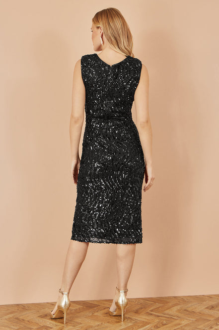 Yumi Black Sequin Fitted Wrap Dress with Split Hem