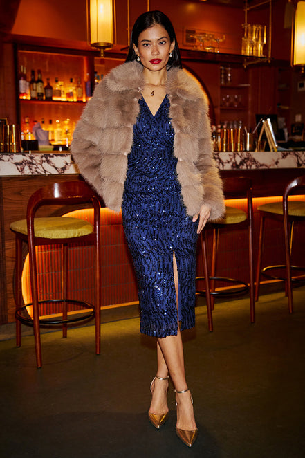Yumi Navy Sequin Fitted Wrap Dress with Split Hem