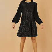 Yumi Black Velvet Sequin Tunic with Long Pleated Sleeves