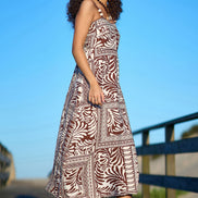 Yumi Brown Tile Print Maxi Dress With Bead Details