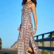 Yumi Brown Tile Print Maxi Dress With Bead Details