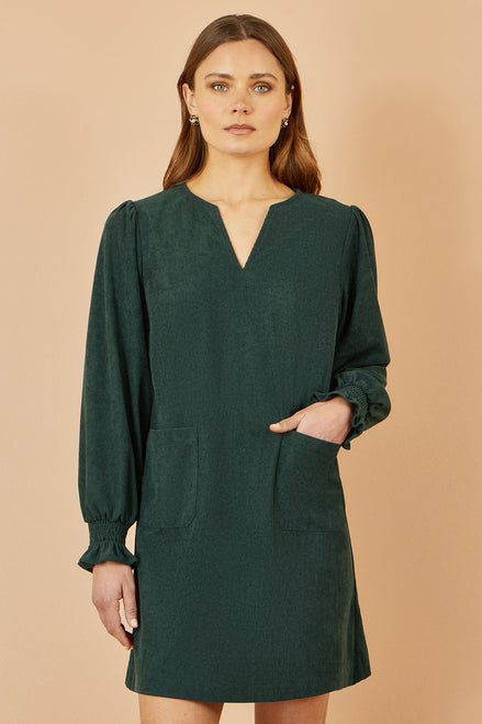 Yumi Green Cord Tunic with Ruched Sleeve