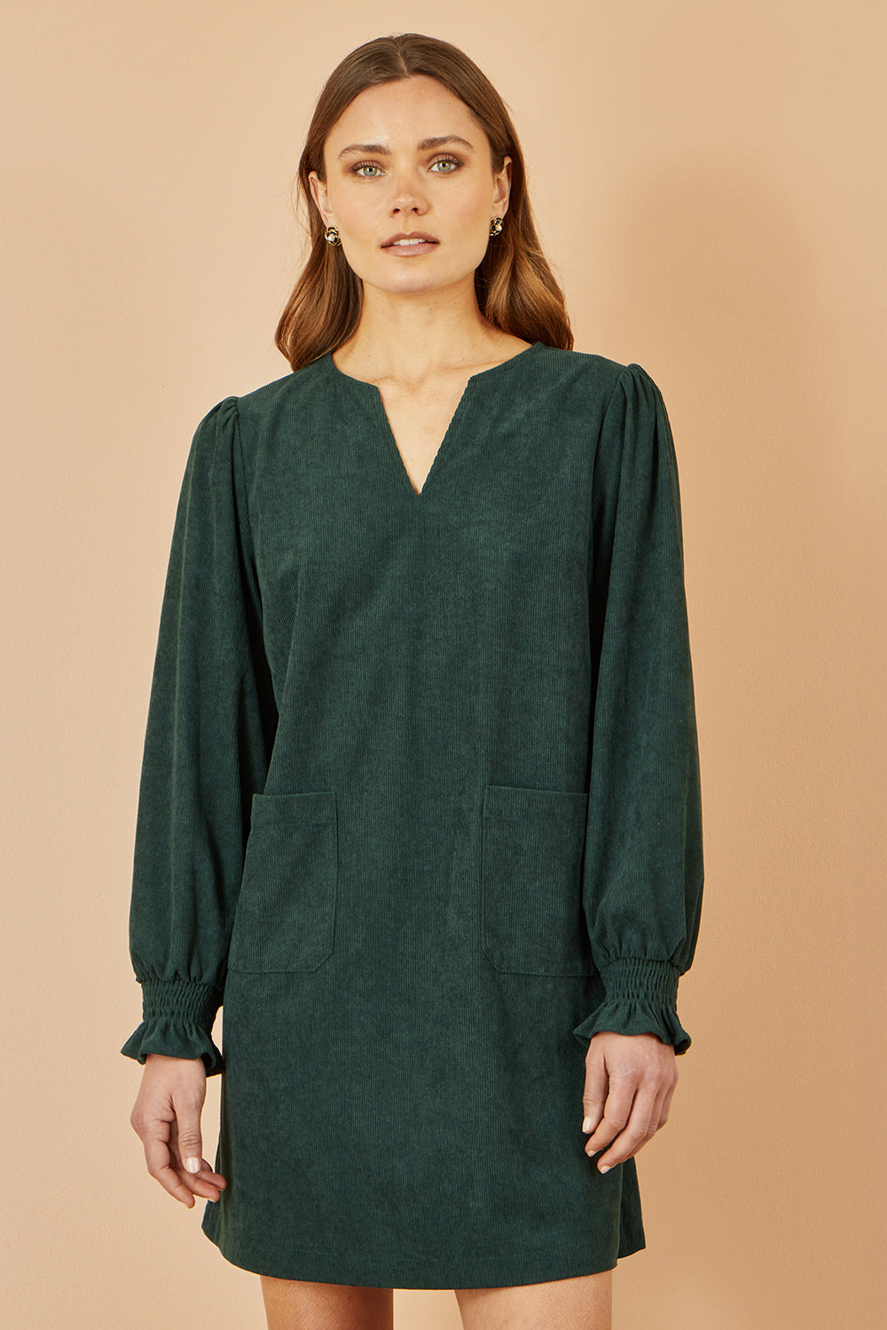 Yumi Green Cord Tunic with Ruched Sleeve