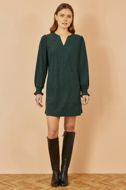 Yumi Green Cord Tunic with Ruched Sleeve