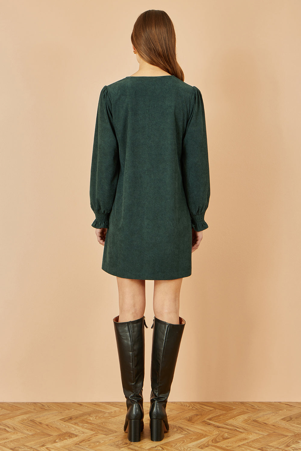 Yumi Green Cord Tunic with Ruched Sleeve