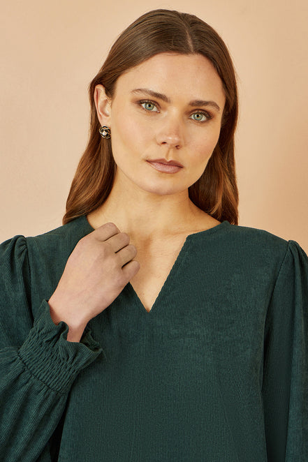 Yumi Green Cord Tunic with Ruched Sleeve