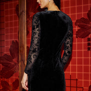 Yumi Black Fitted Velvet Dress with Sheer Floral Sleeves
