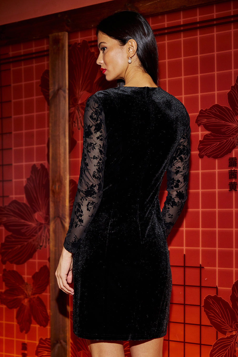 Yumi Black Fitted Velvet Dress with Sheer Floral Sleeves