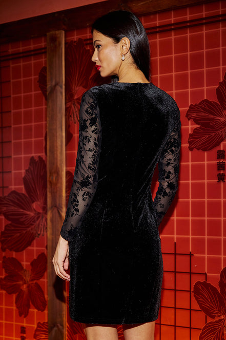 Yumi Black Fitted Velvet Dress with Sheer Floral Sleeves