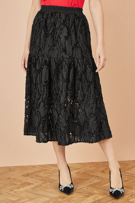 Yumi Black Mesh Applique Sequin Midi Skirt