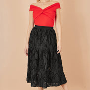 Yumi Black Mesh Applique Sequin Midi Skirt