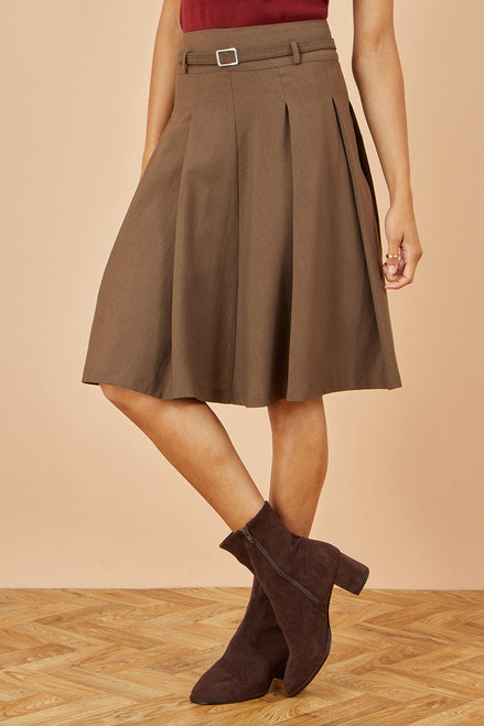 Yumi Brown Pleated Midi Skirt with Matching Belt