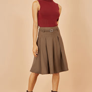 Yumi Brown Pleated Midi Skirt with Matching Belt