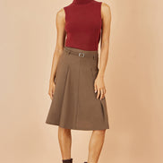 Yumi Brown Pleated Midi Skirt with Matching Belt
