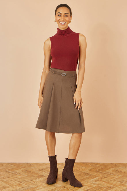 Yumi Brown Pleated Midi Skirt with Matching Belt