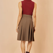 Yumi Brown Pleated Midi Skirt with Matching Belt