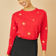 Yumi Red Gold Foil Star Print Relaxed Fit Jumper
