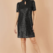 Yumi Black Sequin Tunic Dress with Chevron Pattern & Keyhole Neckline