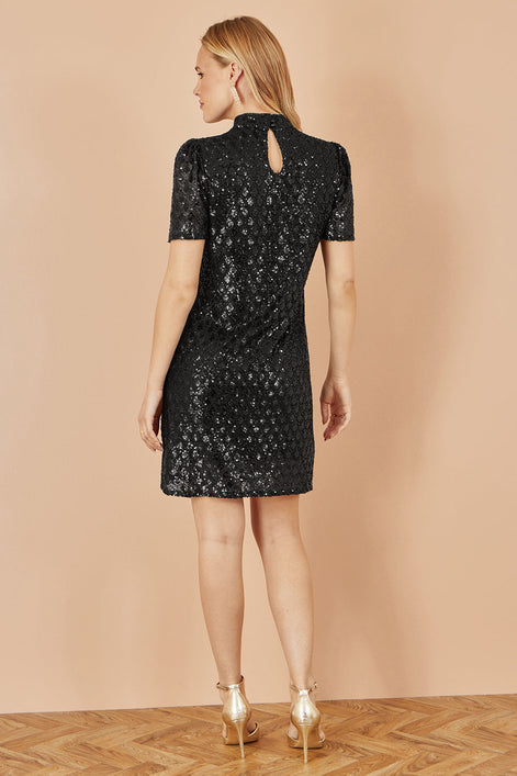 Yumi Black Sequin Tunic Dress with Chevron Pattern & Keyhole Neckline