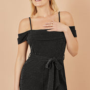 Yumi Black Sparkle Stretch Bardot Jumpsuit