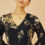 Yumi Black Foil Rose Print Midi Dress