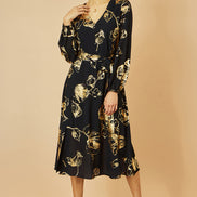 Yumi Black Foil Rose Print Midi Dress